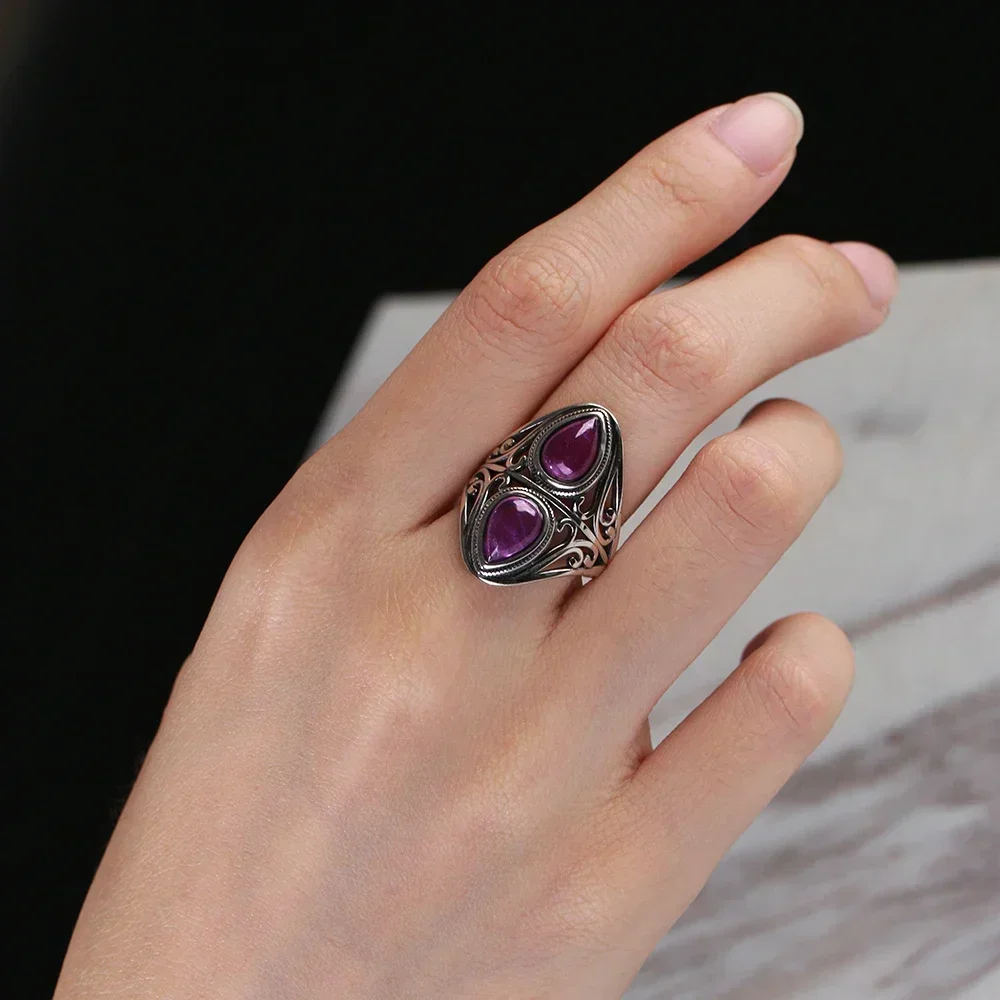 Silver Ring S925 Sterling Vintage With Natural Amethyst Two Stone Waterdrop Shape For Women