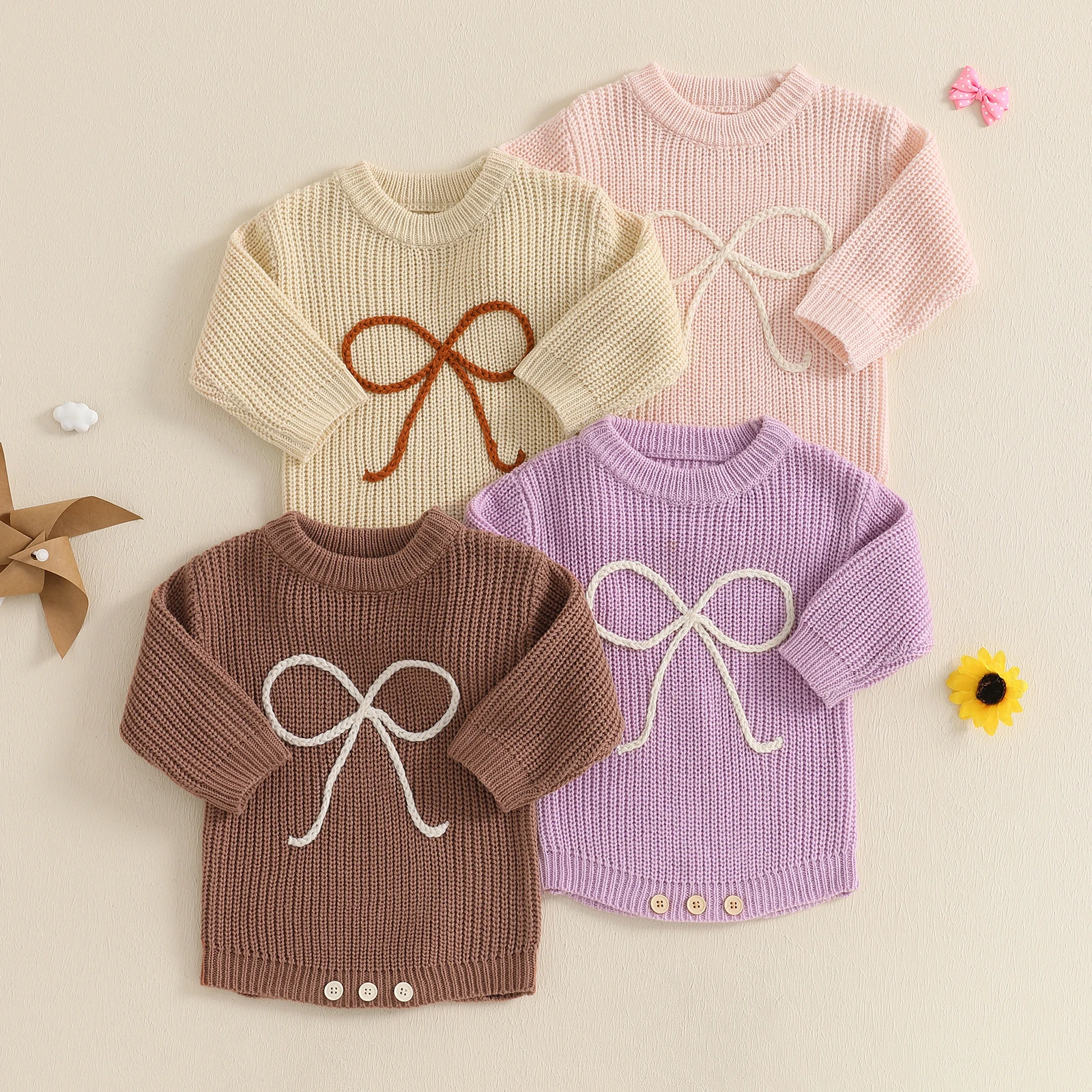 MISOWMNJOY Winter Warm Baby Girls Boys Knitting Sweater Rompers New Bow Embroidered Long Sleeve Newborn Kids Knitwear Bodysuits