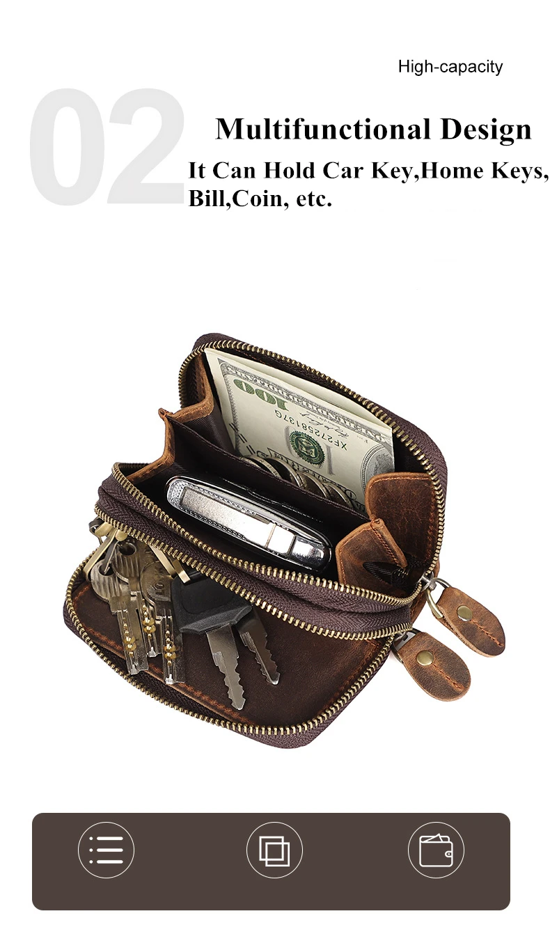 Genuine Leather Key Wallets Men Vintage Handmade Zipper Car Key Holder Cowhide Keys Organizer Women Housekeeper Case Coin Purse