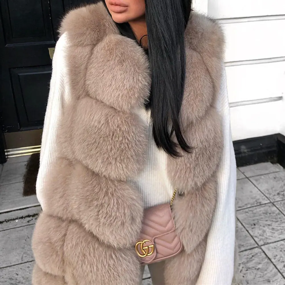 QUEENTINA Winter New Women's Natural Fox Fur Coat Brown Vest Square Pattern Handcrafted Products Sleeveless Real Fox Fur Vest