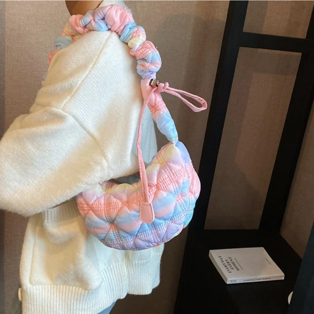 Gradient Pink PU Leather Crossbody Bags Women Fashion Versatile Cloud Shoulder Bag Female Casual Bubble Pleated Down Handbags