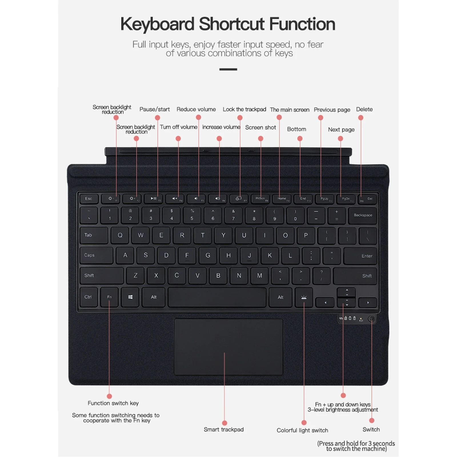For Microsoft Surface Pro 3 / 4 / 5 / 6 / 7 / 7+ Magnetic Bluetooth Keyboard with backlight
