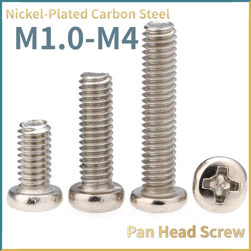 

20-500pcs Nickel Plated Carbon Steel Cross Phillips Round Pan Head Screw Bolt M1 M1.2 M1.4 M1.6 m1.7 M2 M2.5 M2.6 M3 M3.5 M4