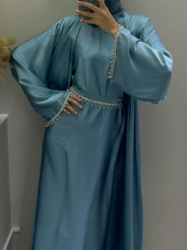 Eid Zijdeachtig Satijn Feest Abayas Set 2 Stuk Ramadan Vrouwen Met 2 Diamanten Kettingen Vest Gewaad Islamic Abaya 2024