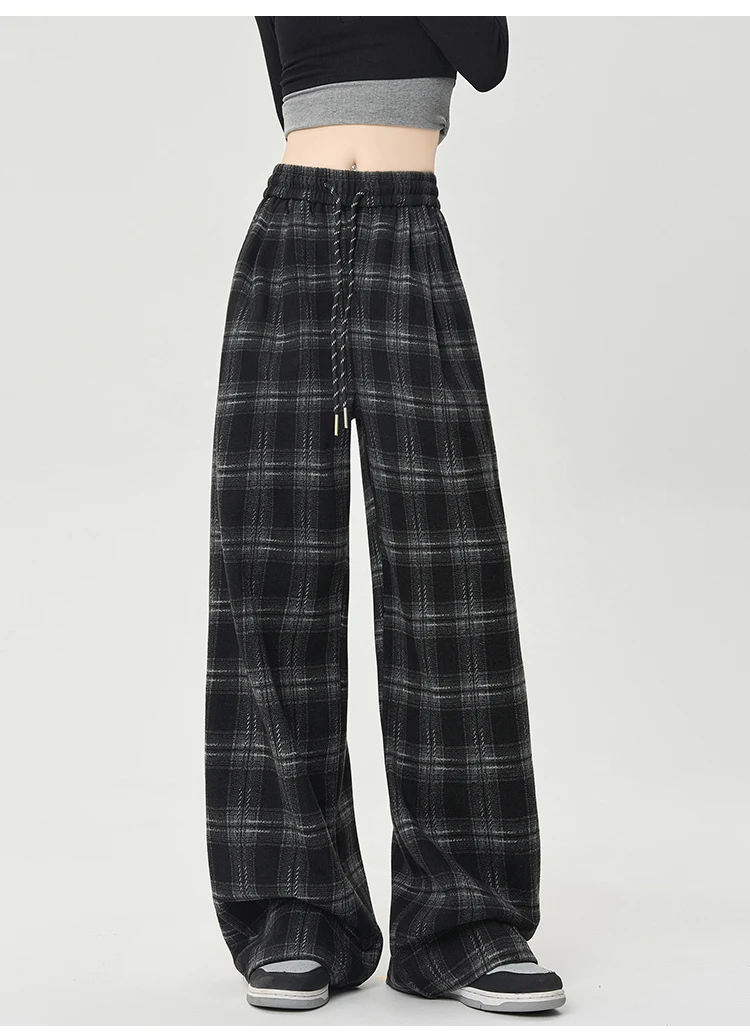 Winter Vintage Chic Kordelzug Lose Gerade Frauen Hosen Neue Plaid Kontrast Farbe Volle Länge Mode Weibliche Breite Bein Hosen – Detail 19