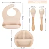 4PCS Silicone Children Tableware Baby Feeding Set Silicone Dinner Plate Wood Handle Spoon Fork Silicone Bibs BPA Free 5