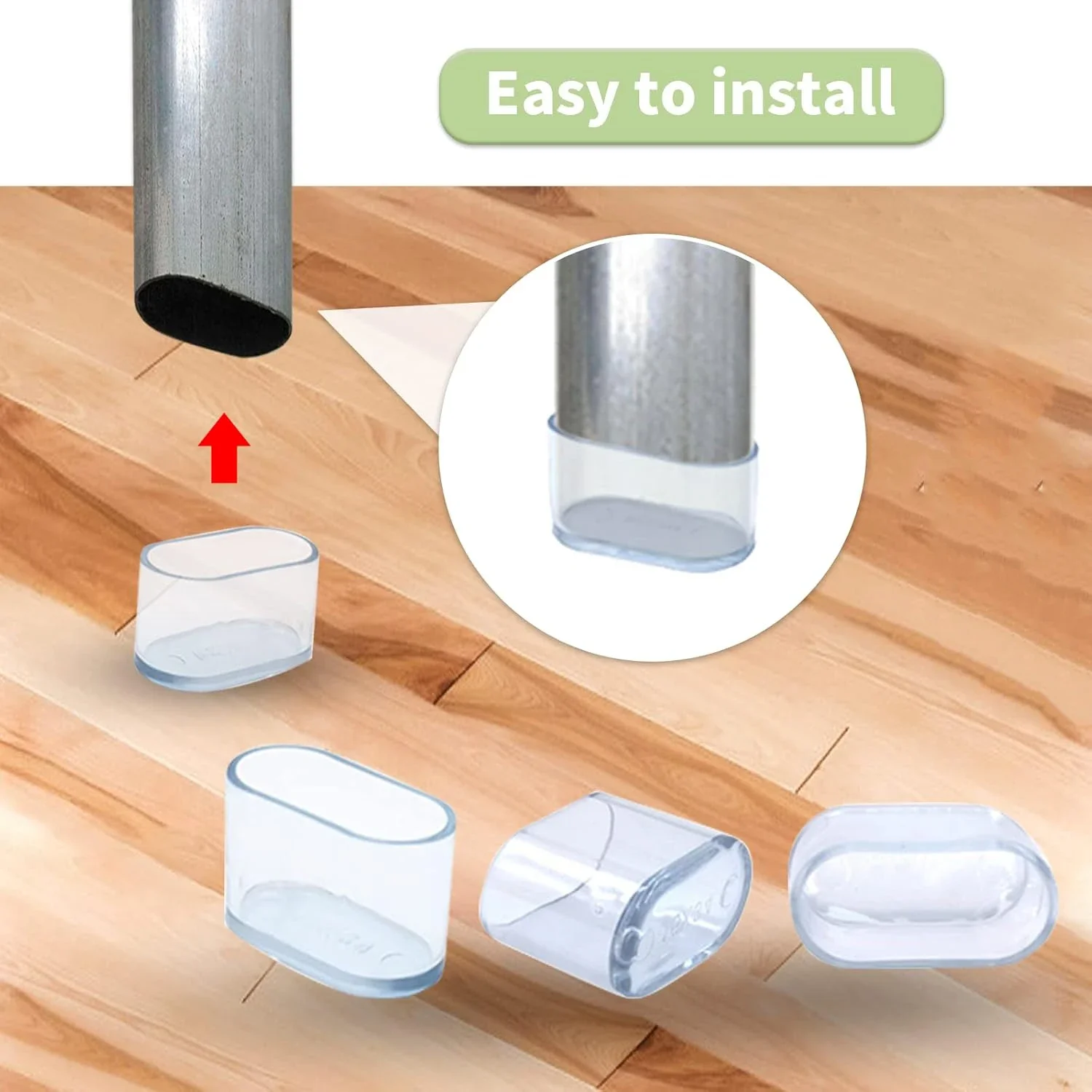 Non-Slip Oval Chair Leg Caps - Floor Protectors for Furniture, Scratch Proof Guards (4 Pack, Black/Clear)