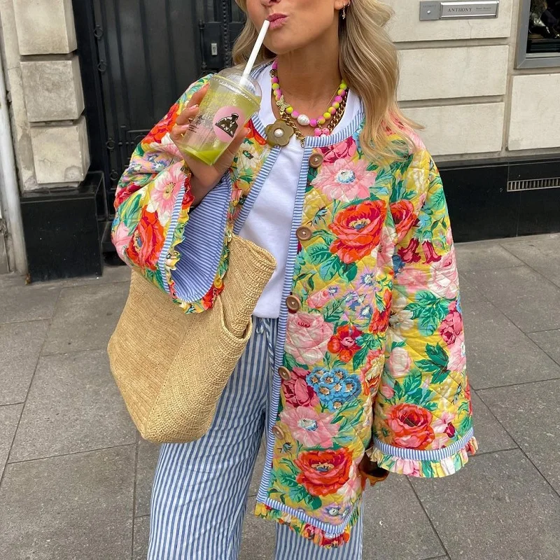 

Женское однобортное пальто, Элегантное Длинное хлопковое пальто с цветочным принтом и кружевными рукавами, Осень-зима 2023