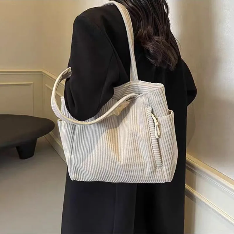Shoulder Bag Casual Corduroy Handbag with Zipper Closure Light and Large Capacity Fixed Shoulder Strap Solid Color Daily Commuter Handbag shoulder bag