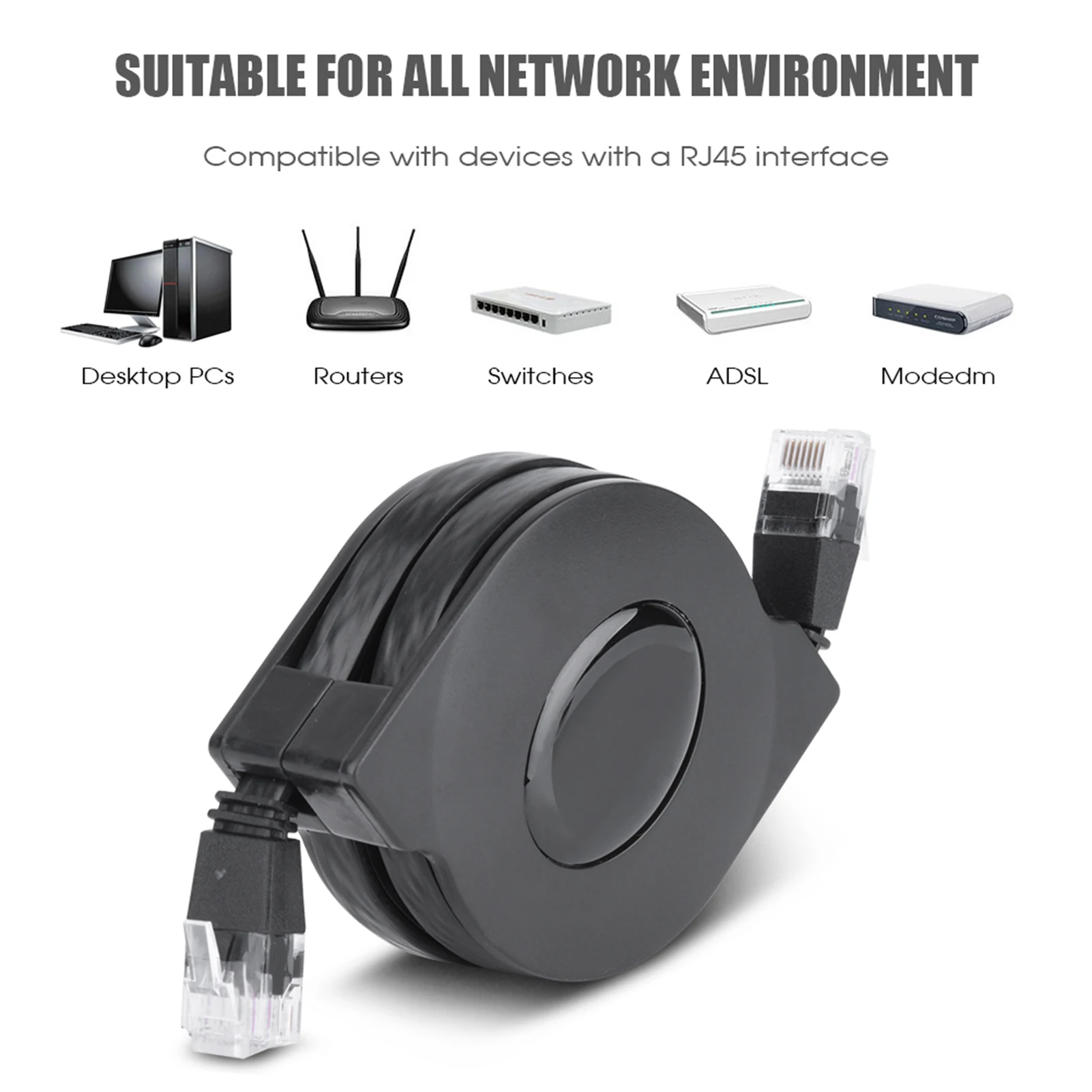 Adjustable Retractable CAT6 RJ45 Lan Network Cable Cord, 1m/2m, 8 Core, Up to 1000Mbps