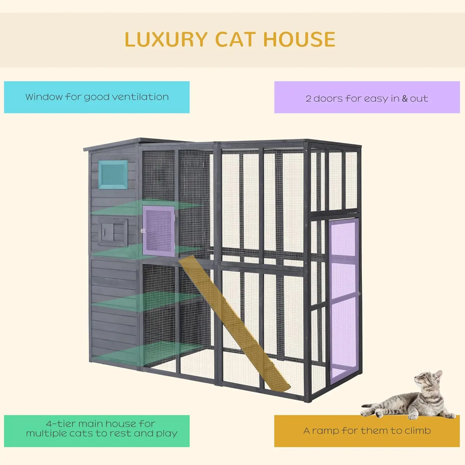Outdoor Catio Cat House Wooden Feral Cat Shelter Cage with Platforms Waterproof Asphalt Roof Ramps 77" L Gray