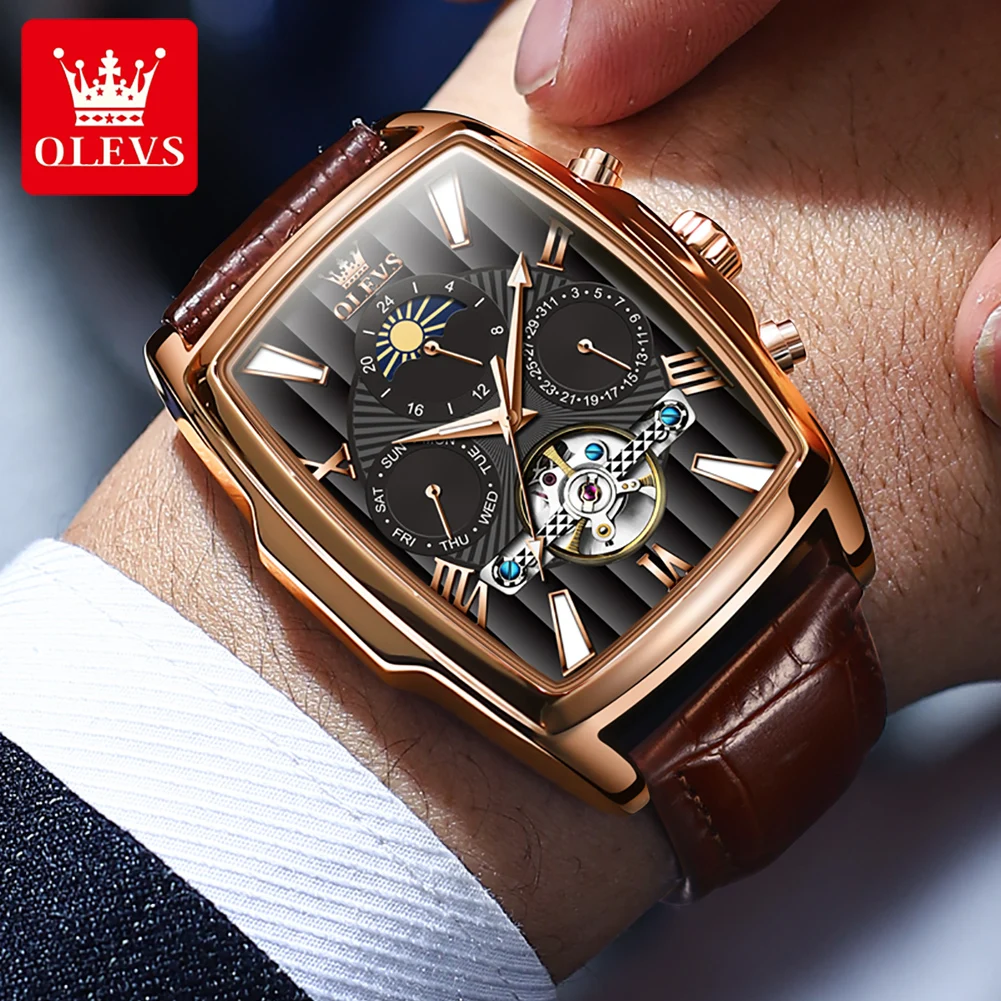 Olevs Novo Relógio Mecânico Automático para Homem à Prova Impermeável Água Luminosa Esqueleto Quadrado Dial Moonsver Cronógrafo Relógio Esportivo Masculino - Image 3