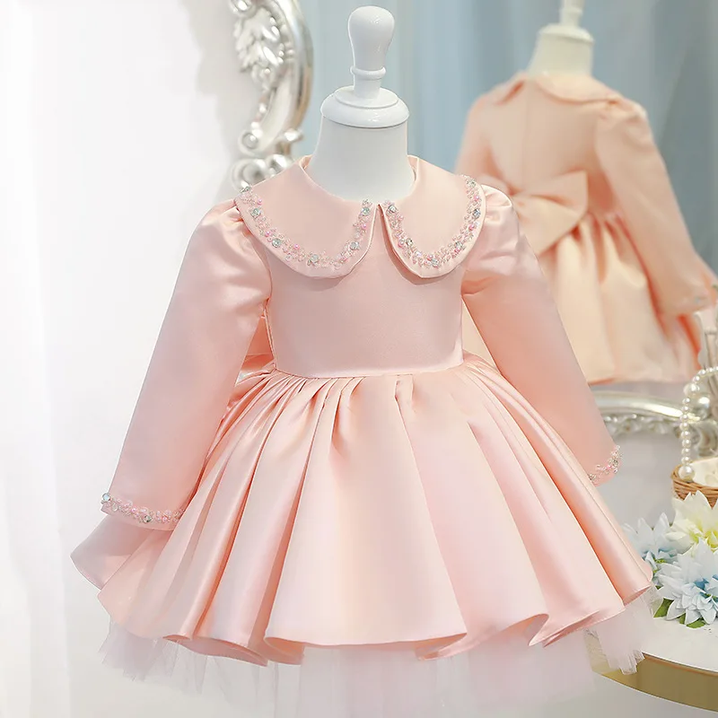 

2024 First Birthday Party Dress for Baby Girls Wedding Bridesmaid Dresses for Flower Girl Princess Kids Pink Beading Ball Gown