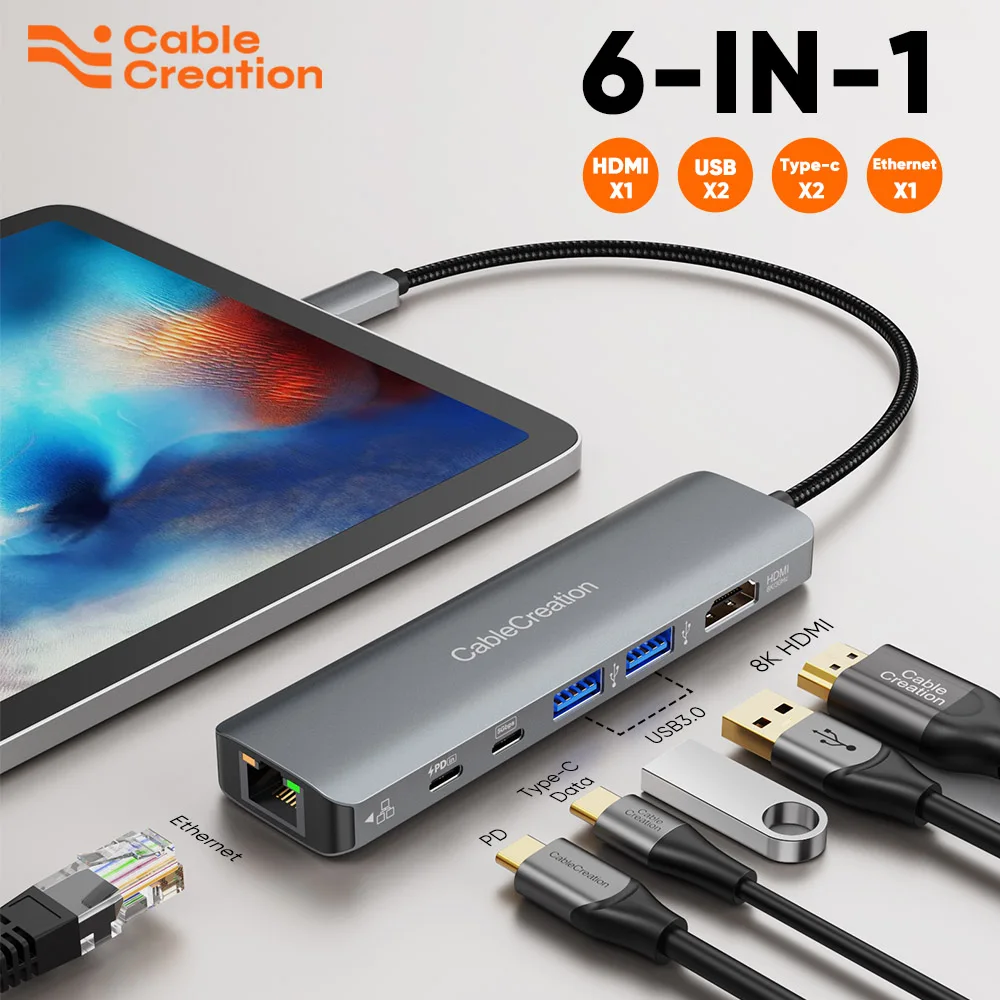 Cablecreation usb type c hub 8k 30hz hdmi ethernet multiport adapter 6