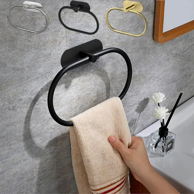 Stainless Steel Towel Holder Self-adhesive Bathroom Towels Rack Black Washhand Hanger Ring Rail Bar Kitchen Storage Accessories 1