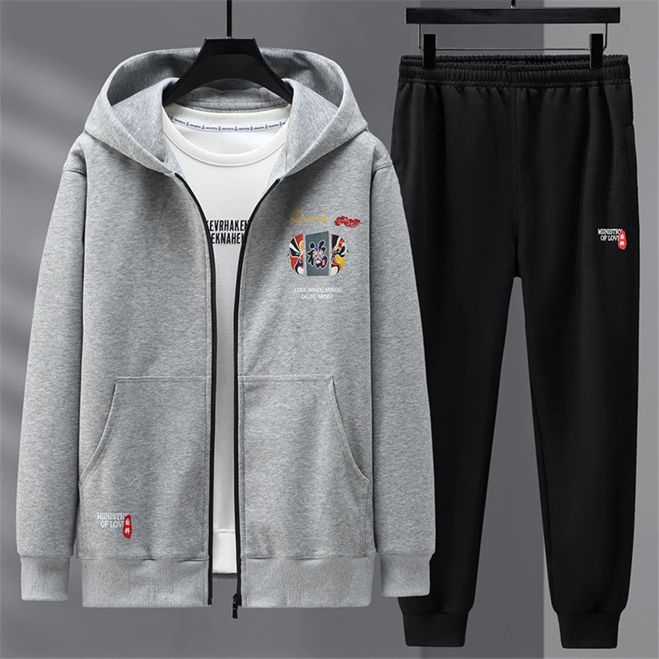 Plus Size Sets Men Tracksuit Jogger Sportswear Spring Autumn Suit Peking Opera Print Sweatpants Zippered Hoodie Plus Size 11XL