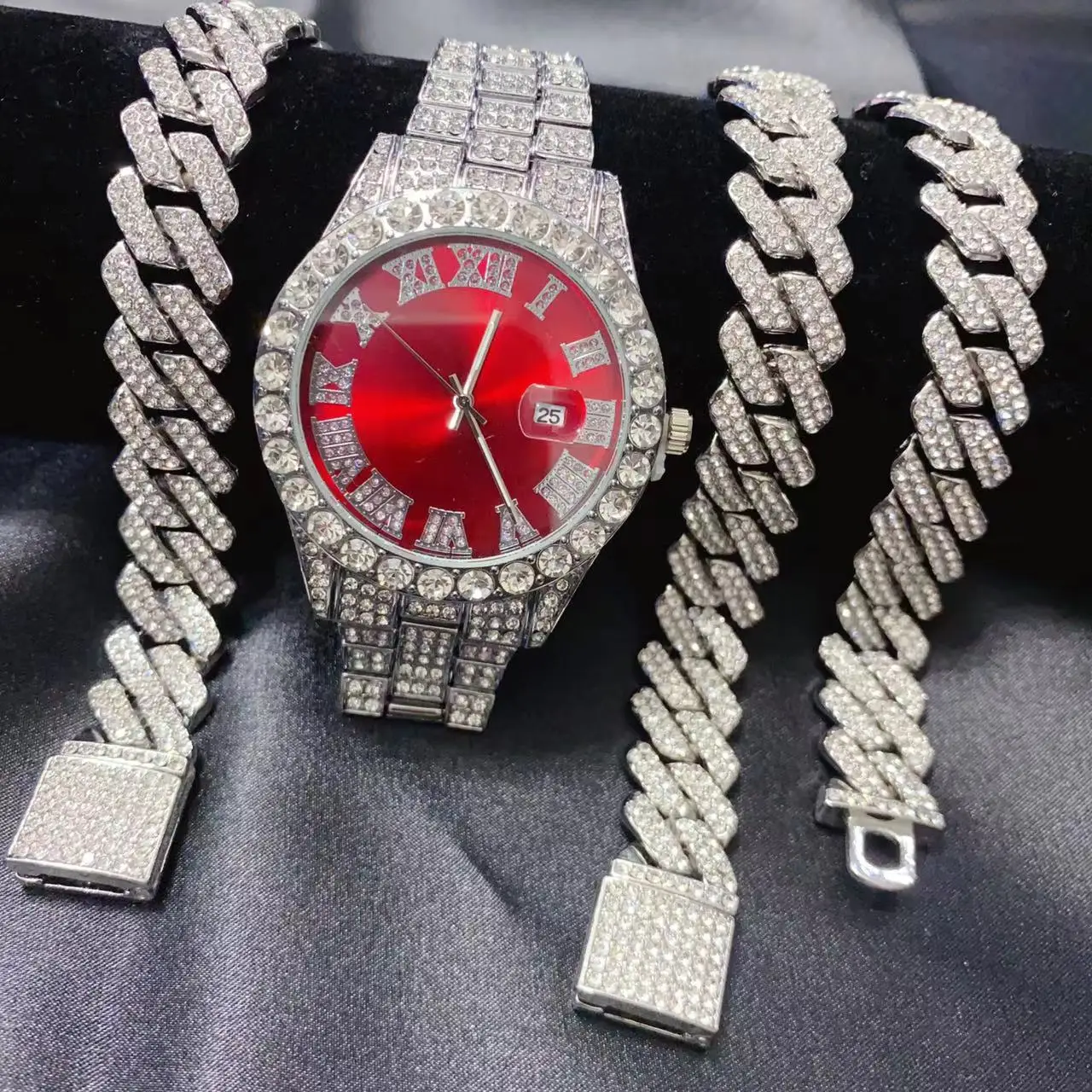 3PCS Hip Hop Calendar Luxury Watch Necklace Bracelet Jewelry Set for Men Bling Gold Silver Diamond Man Box Iced Out Cuban Chains