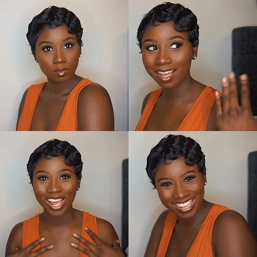 Deep Wave Finger Wave Wig Full Machine Made Human Hair Short Pixie Cut Wigs For Women