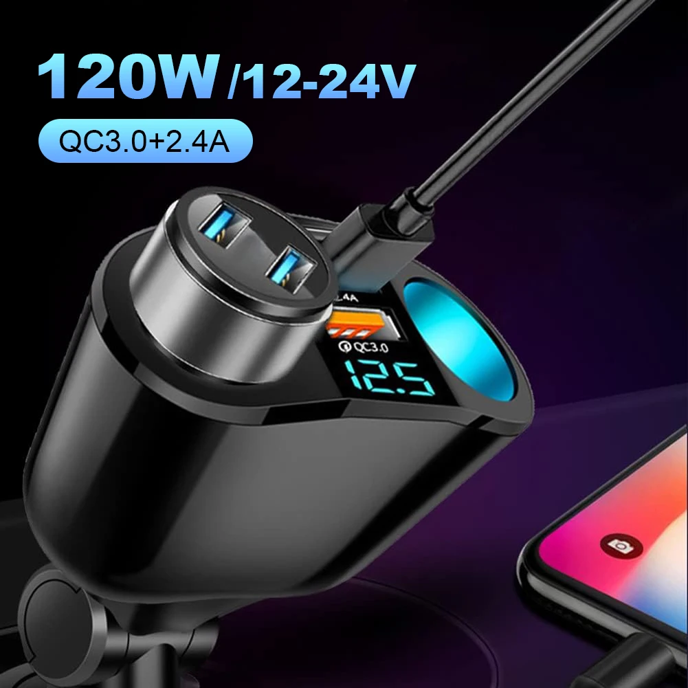 Car Cigarette Lighter 12V-24V Socket Splitter Power Adapter PD QC3.0 Dual USB Car Charger 3.1A 120W Fast Charging For All Phone