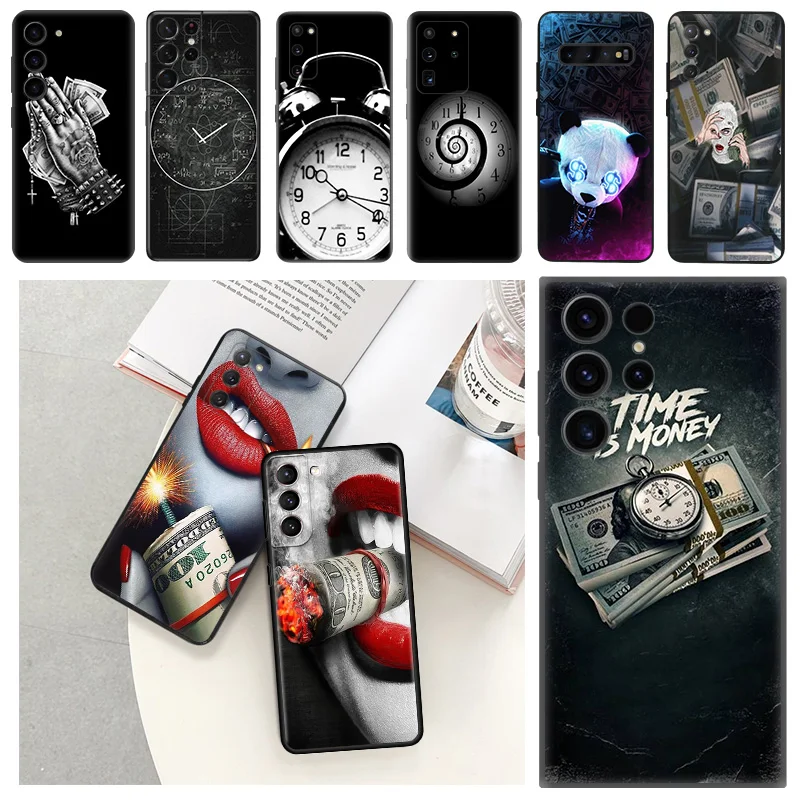 Custodia Opaca Per Telefono Per Samsung Galaxy S23 S22 S21 S20 Fe S10 Plus Note 20 Ultra 10 9 S10E Money Cash Time Black Soft Cover