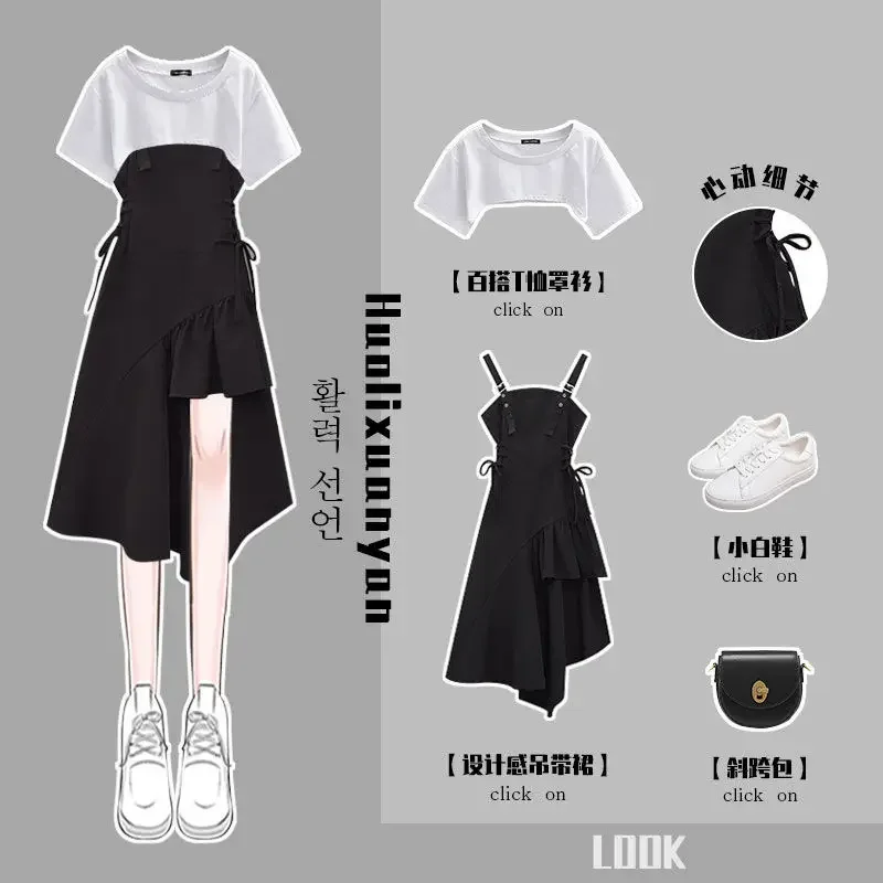 Women's Black Sling Dress Suit Female 2021 New Summer Waist Skirt  Two-piece Suit 2021 solid color pockets wide leg pants jumpsuits women summer new casual bow sling loose rompers one piece outfit boho female