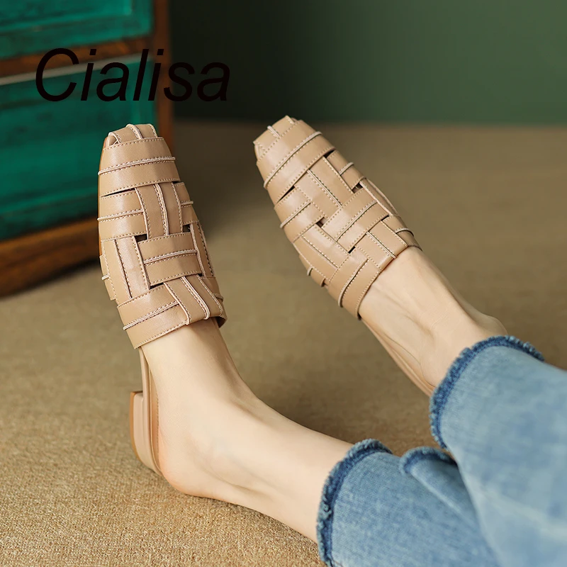 

Cialisa Casual Women's Slippers 2023 Summer New Mules Genuine Leather Flats Fashion Square Toe Handmade Ladies Footwear Apricot