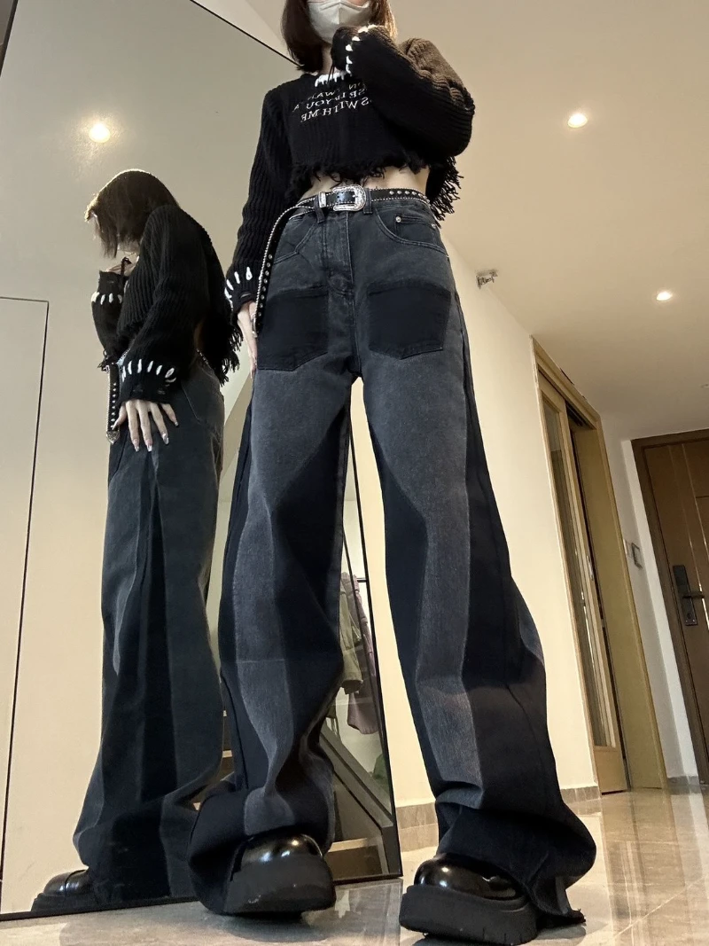 High Street Color Contrast Panel Straight Jeans Vintage Street Loose High  Waisted Jeans Oversized Casual Hot Girl Wide Leg Pants - Jeans - AliExpress