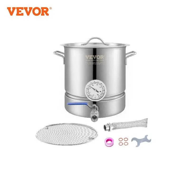 VEVOR Stainless Steel Kettle,5Gal Brewing Pot,Tri Ply Bottom for Beer,Brew Kettle Pot,Home Brewing Supplies Includes Thermometer vevor 8 gal distiller alambic moonshine alcohol still stainless copper diy home brew water wine essential oil brewing kit