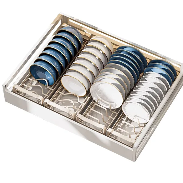 Armadietto estraibile Portaoggetti per piatti Piatto in acciaio inossidabile Supporto per supporto di scarico Cassetto da cucina Organizzatore per cestini per ciotole incorporato 5