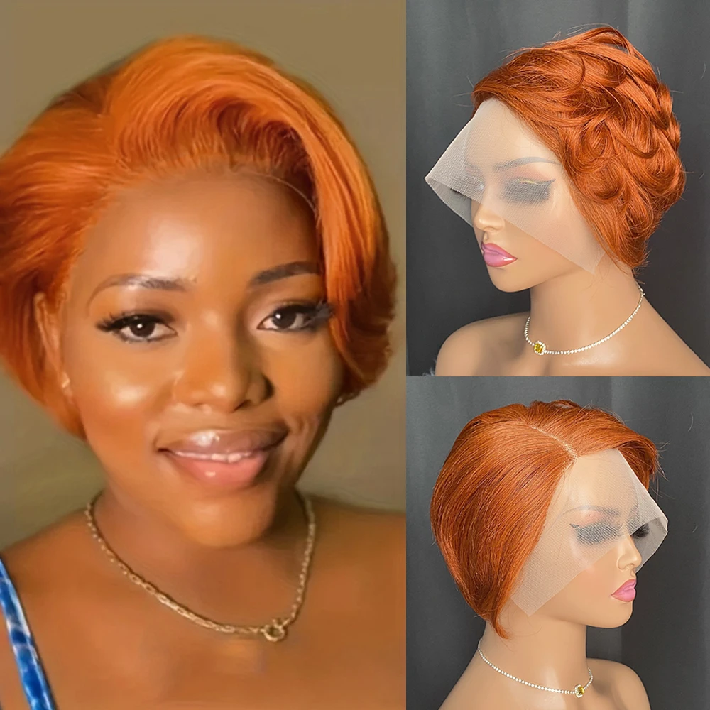 Pixie Cut Human Hair Wig Lace Frontal Transparent Lace Natural Black Orange Short Wig for Women