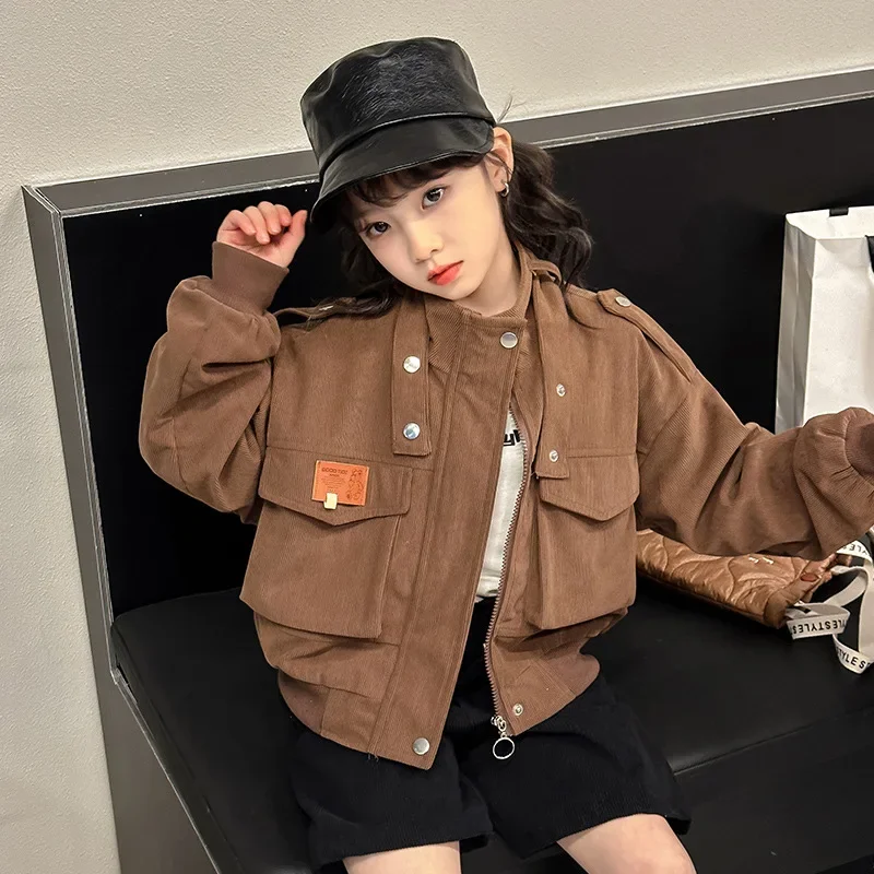 

Girls' coat autumn outfit 2024 new trendy little girl short jacket stand up collar workwear fashionable casual top