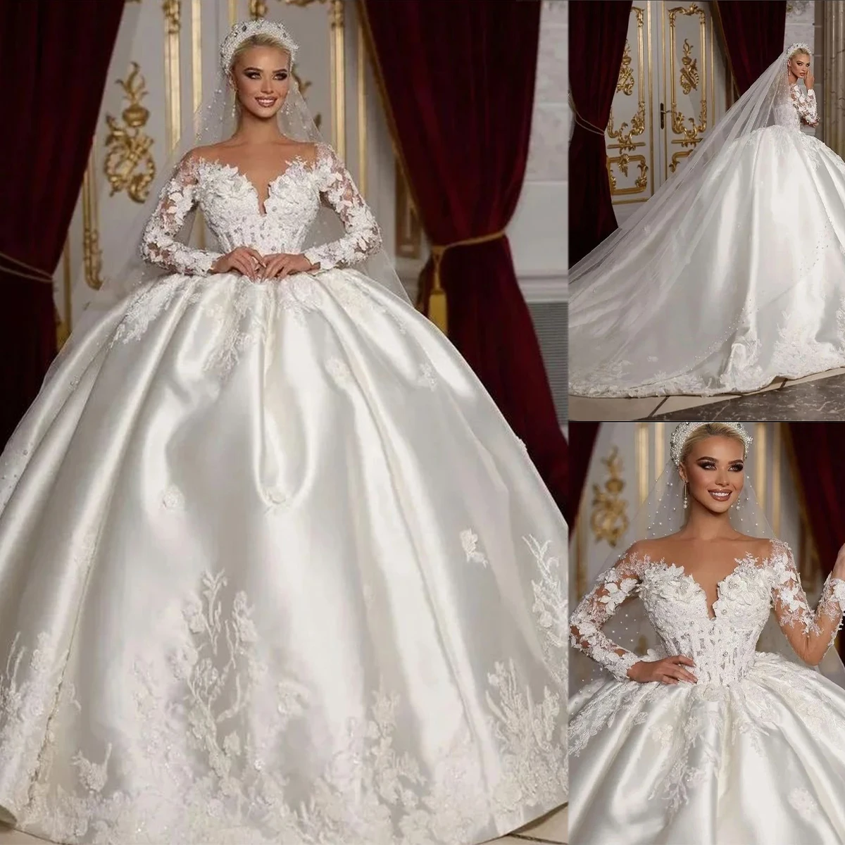 

Атласное Бальное Платье, Свадебное платье, кружевное женское платье со шлейфом, свадебное платье