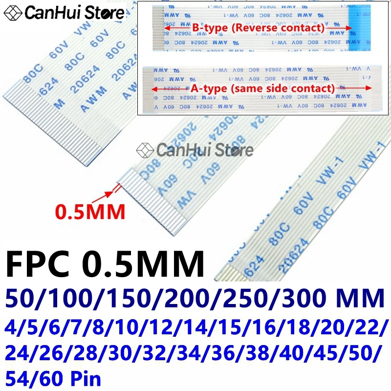 10Pcs 0.5MM FPC FFC Flexible Flat Cable A/B Type 50-300mm 10-60PIN