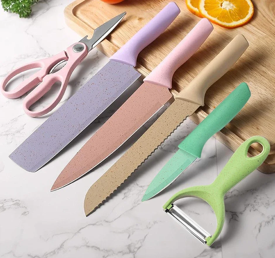 Description Picture 2 of itemKitchen Knives Set Professional Chef Knives Bread Knife Scissors Vegetables Fruit Peeler Macaron Colourful Cooking Tool with Box