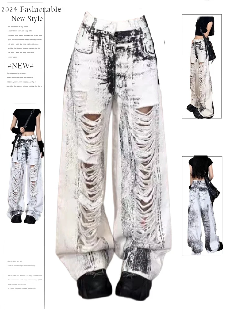 

Женские белые рваные джинсы, мешковатые джинсовые брюки большого размера в стиле Харадзюку, Широкие джинсовые брюки Y2k, винтажная эстетика, одежда в стиле 1920-х, 2000