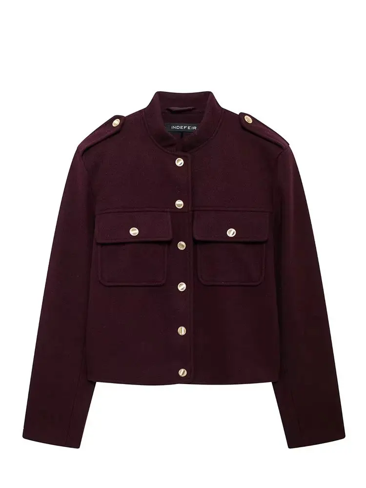 HH Women Vintage Wine Red Coat O Neck Long Sleeve Single Breasted Jacket With Pockets Autumn Casual Office Lady Outerwear