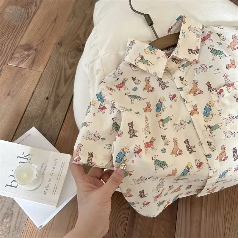 Summer New Boys Short Sleeve Shirts Cute Animal Print Girls Shirt Children Casual Tops Cotton Baby Clothes