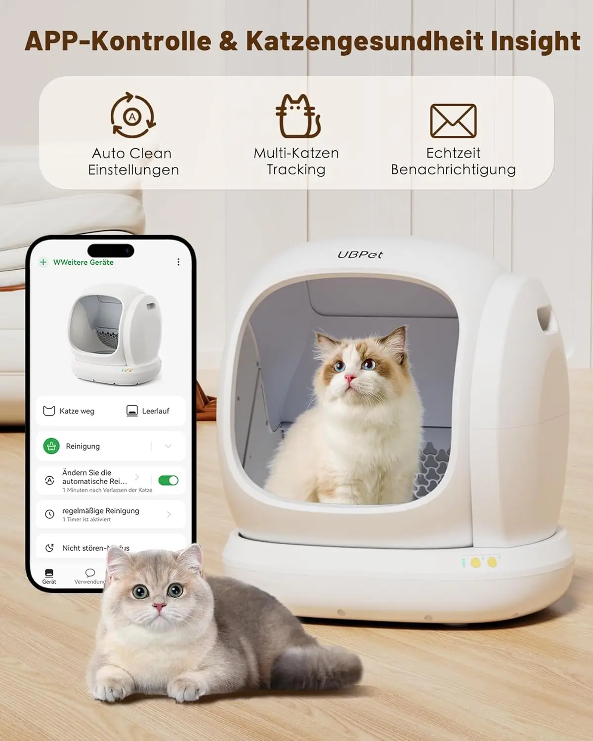 UBPet C20 セルフクリーニング猫トイレ、広口/広い空間/低入口/アプリ