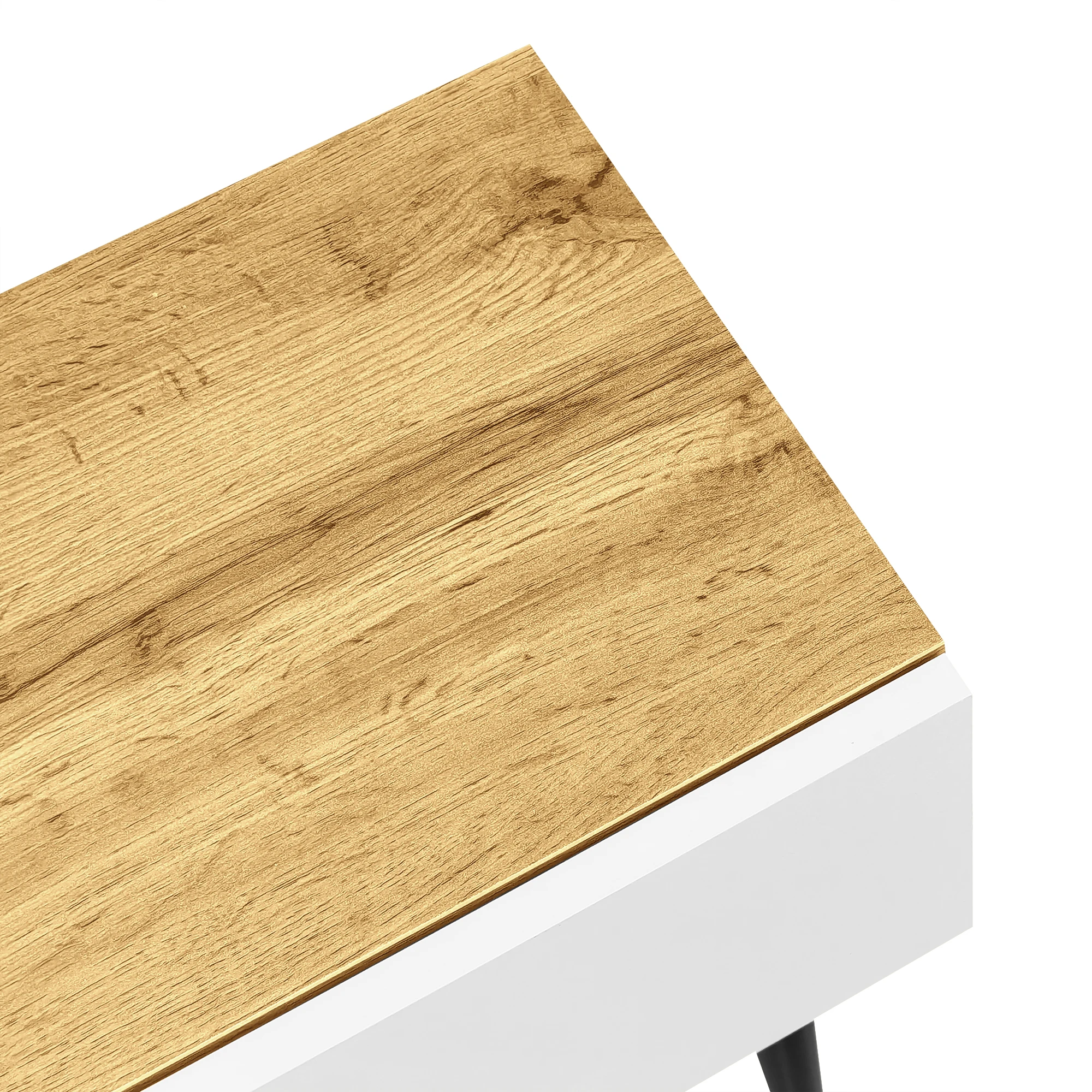 Moderner, verstellbarer TV-Schrank, modularer 2-teiliger Aufbau in Holzoptik und Mattweiß mit schwarzen Metallbeinen. – Detail 15