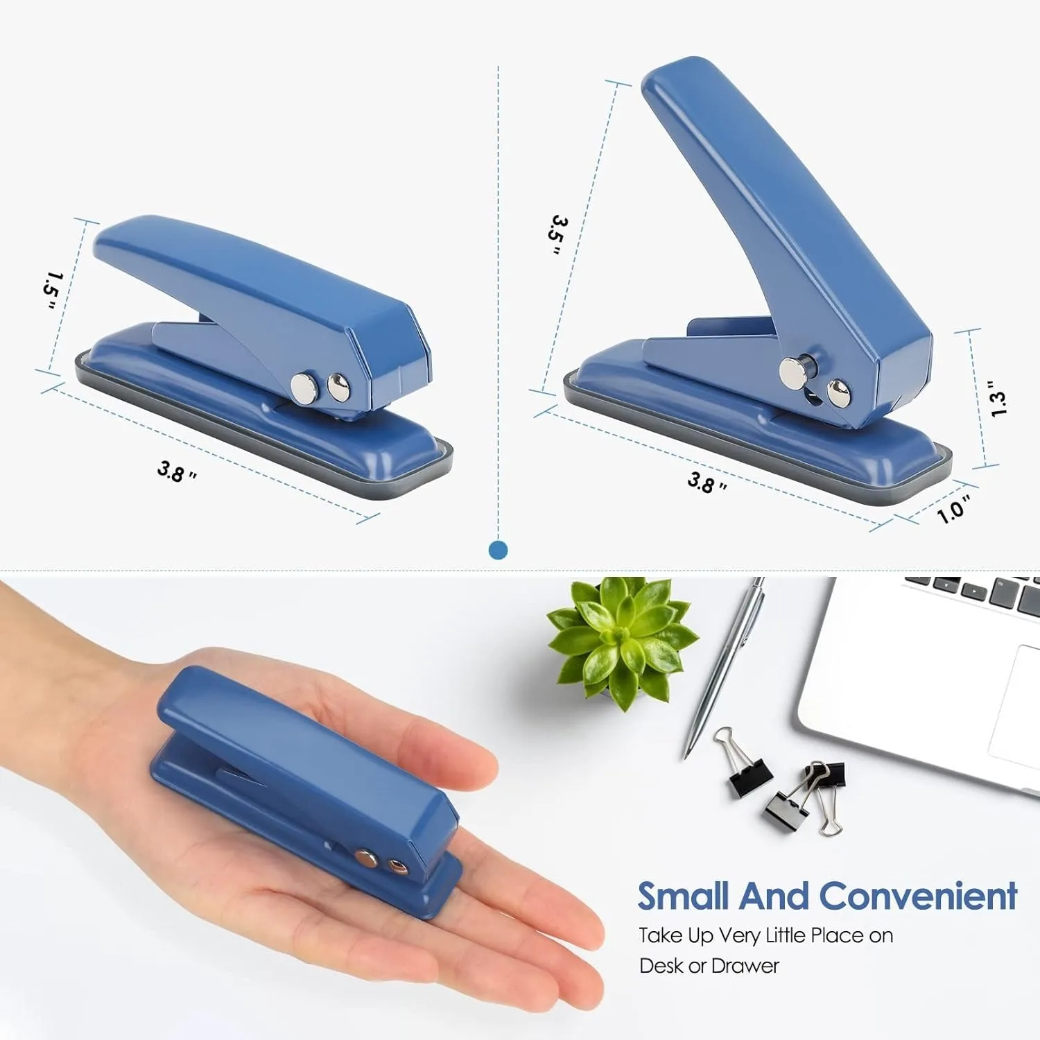 Single Hole Punch 1/4" Capacity 20 Sheet Handheld Puncher Blue Non-Skid Base Ideal for Paper Chipboard Craft Art Projects