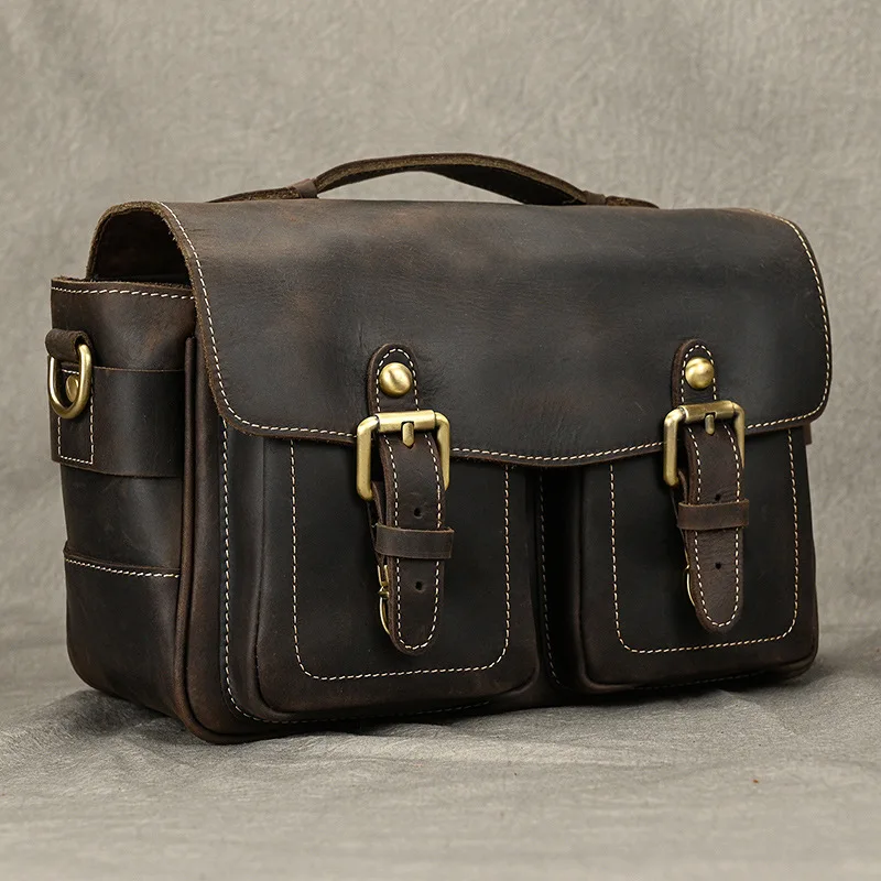 

Crazy Horse Skin SLR Camera Bag Vintage Crossbody Bag Outdoor Camera Bag Lens Protection Gallbladder Shoulder Bag Flaps