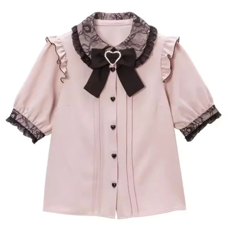 Kawaii Women Shirts Lolita Y2K Cute Japanese Style Blouse Elegant Short Sleeve Sweet Tops Casual Office Ladies Aesthetic Shirt