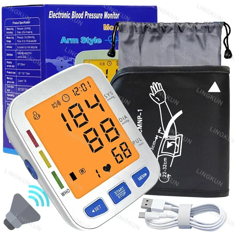 Arm Blood Pressure Monitor Portable Tonometer Digital Tensiometer English Voice Broadcast Large Cuff Sphygmomanometer