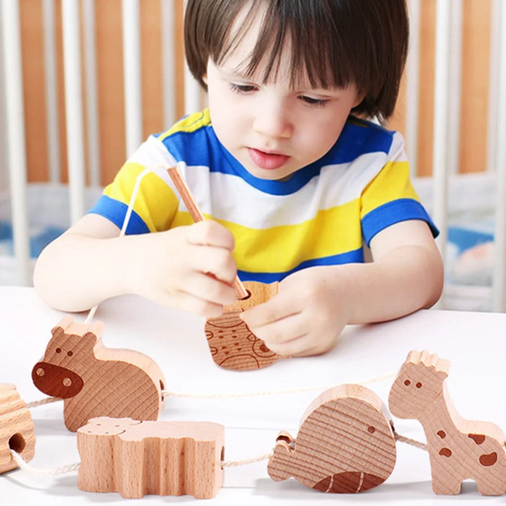 

1 Set Stringing Beads Toys Wearing Rope Toy Cartoon Wooden Beading Toys