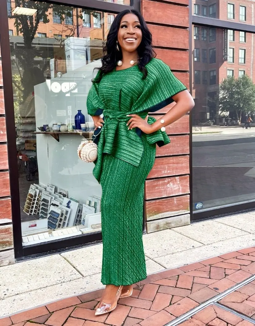 african dress style 2022 Spring Summer African Women Short Sleeve Green Yellow Plus Size Two Pieces Sets Top and Skirts African Clothes Women african wear for ladies