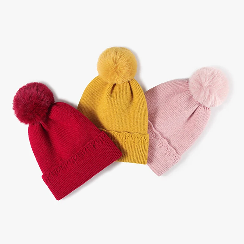 New Custom Logo Faux Fur Pom Poms Knitted Hats Outdoor for Women Winter Warm Thick Beanie Hat Personality Windproof Skullies Cap 2