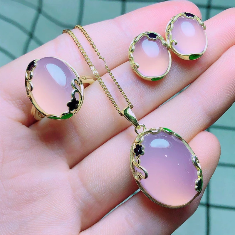 Natural chalcedony set of three 925 silver inlaid necklace pendant ring earrings exquisite jewelry style