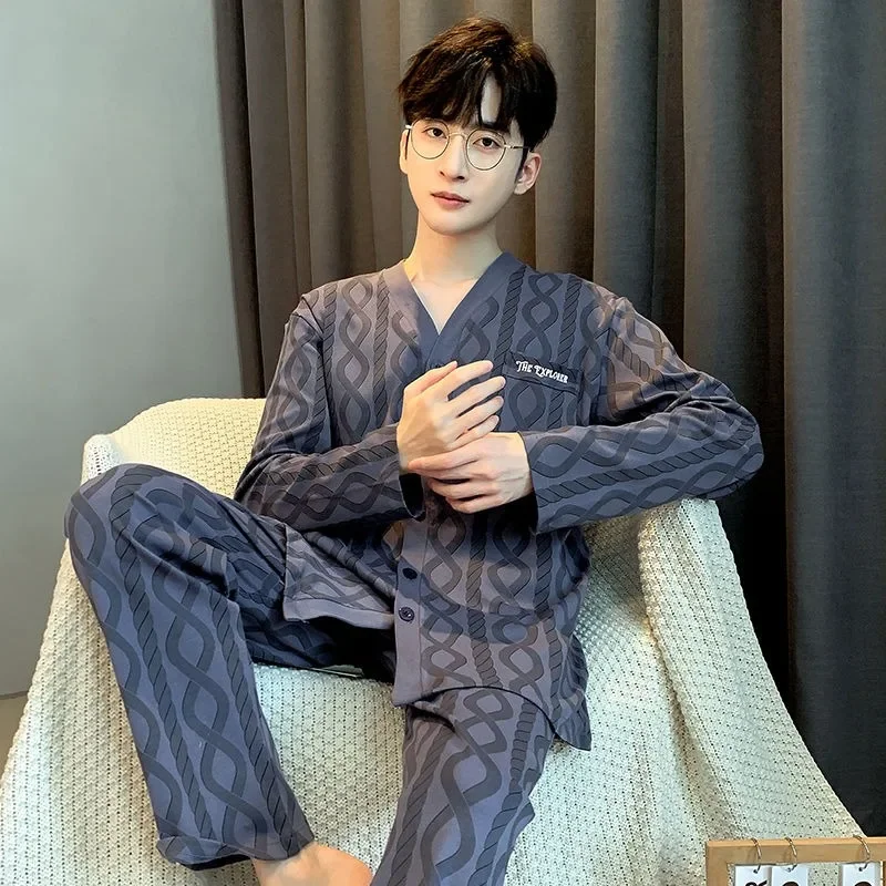 2024 New Cotton Pajama Men Long-sleeved Spring Autumn Sleepwear Cardigan Plus Size Cotton Youth Middle-aged V-neck Homewear Suit