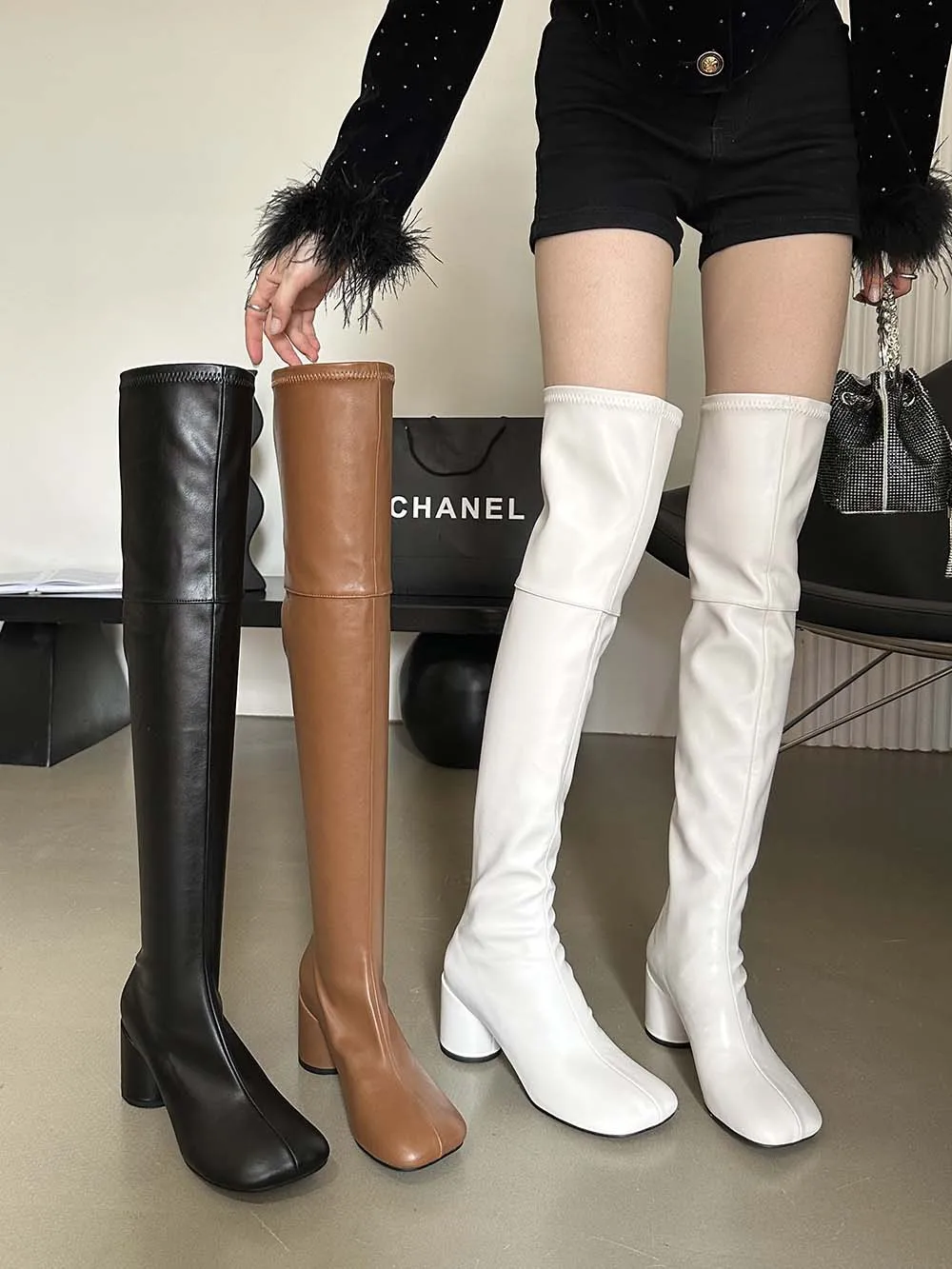 Round Toe Women Over The Knee Boots Black Brown White Stretch