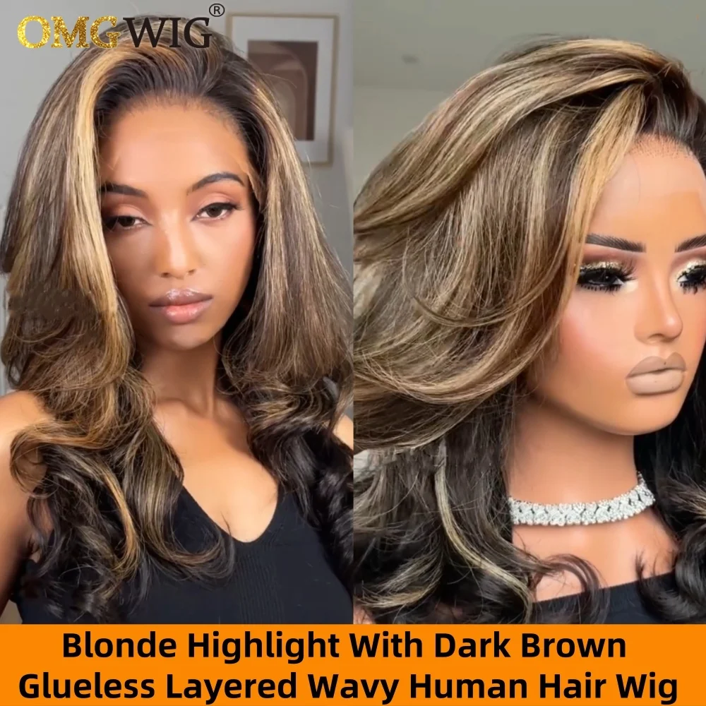 Glueless Blonde Highlight With Dark Brown Layered Wavy Human Hair Wig 360 Pre-Cut Lace Body Wave Wig For Black Women Brazilian